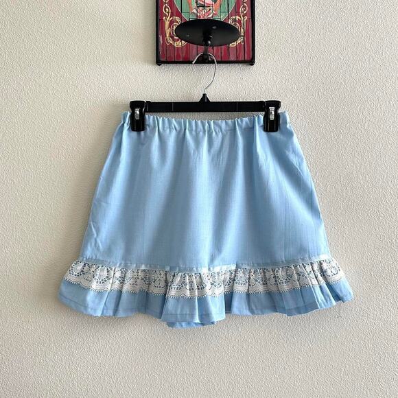handmade blue white linen blend crochet lace trim mini skirt - Picture 5 of 9